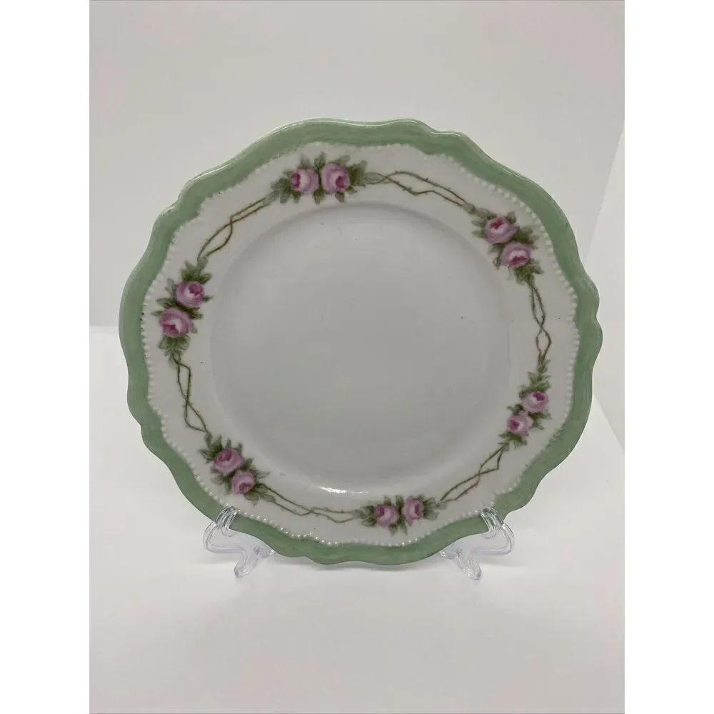 Antique OEG Royal Austria Plate 8" Mint Green Trim, Pink Rose￼